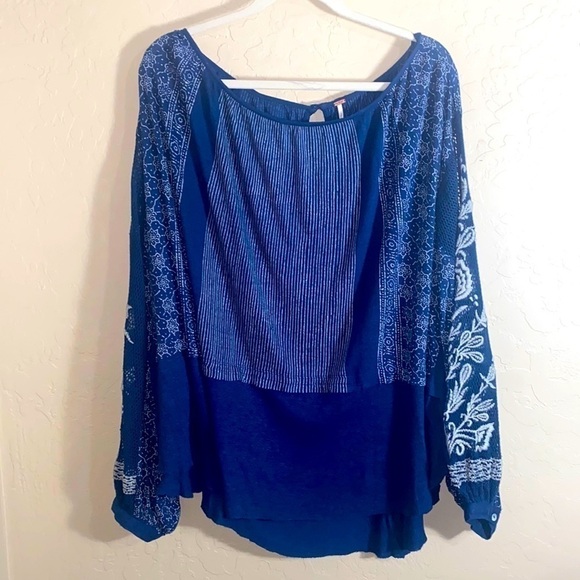 Free people indigo dreams long sleeve shear sleeves embroidered mixed media top - Picture 3 of 8